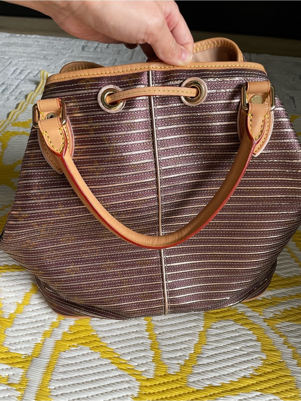 Striped Brown & Tan Tote Handbag with Leather Trim